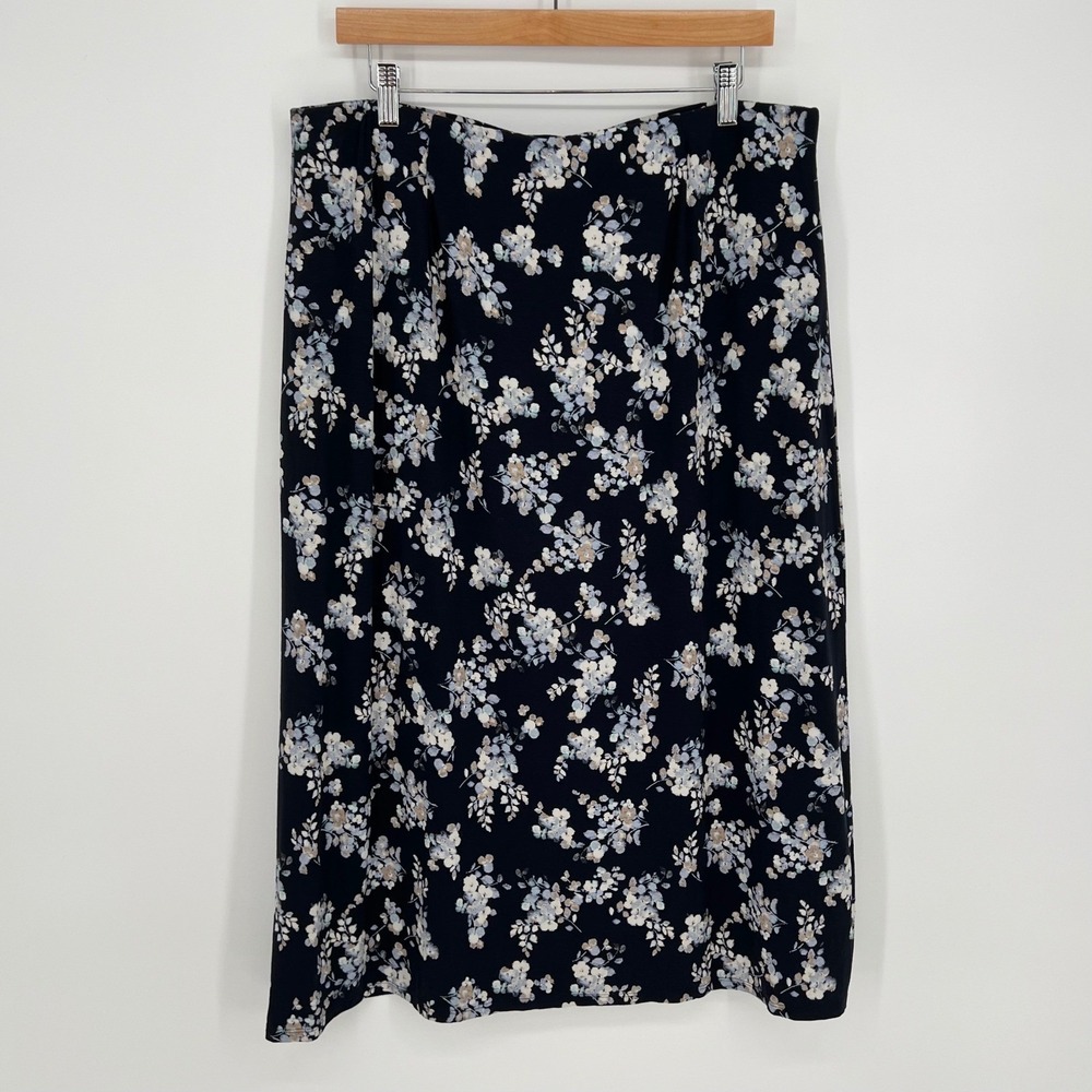 J.Jill Women Dark Floral Cottagecore Midi Skirt Size L Petite Navy Blue Pull On - Picture 2 of 9